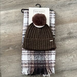 NWT Steve Madden Chocolate Knit Hat and Scarf Set. So cute!